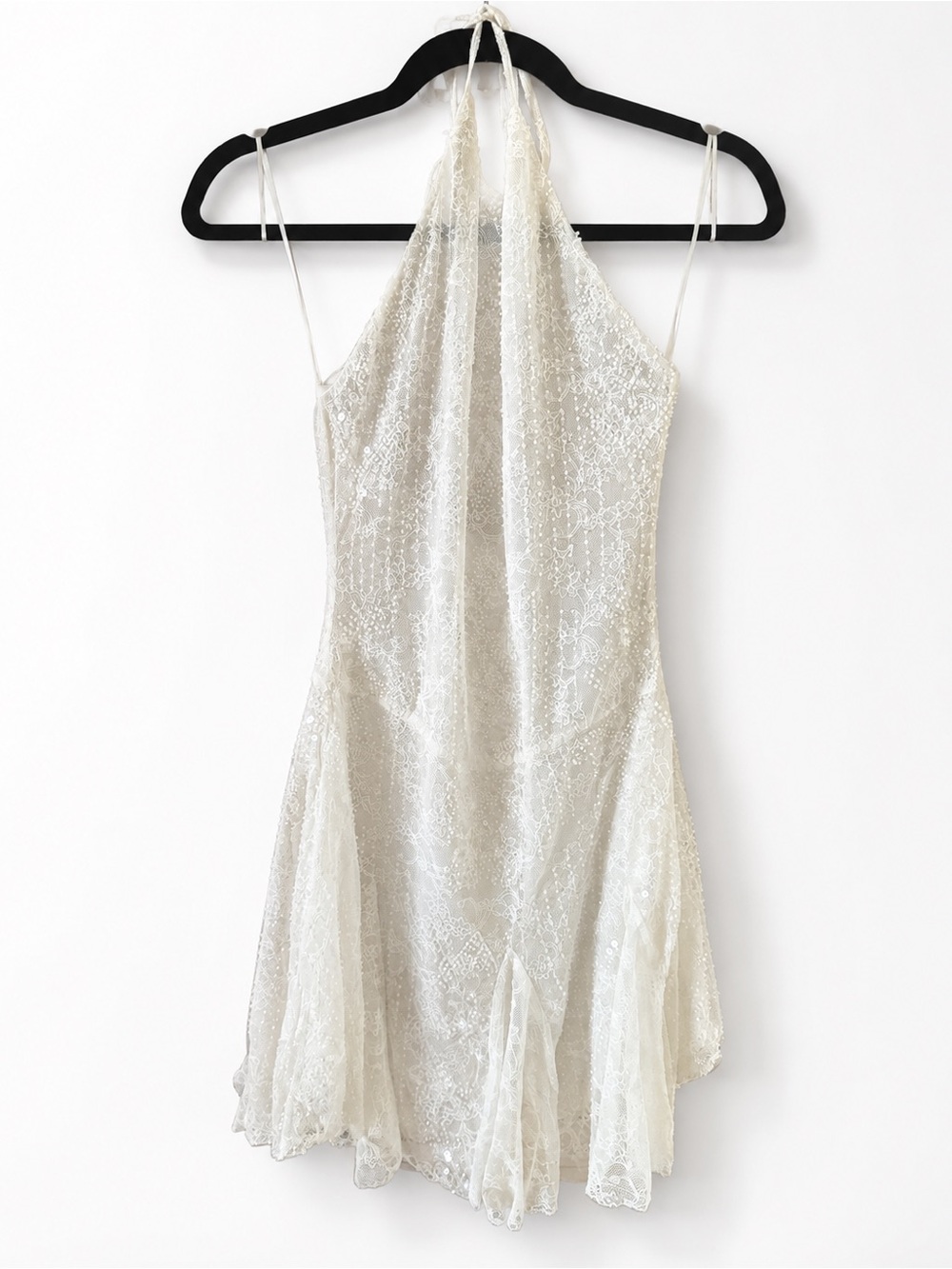 Zara NWT Ivory White Sequin Lace Halter Mini Dress Open Back - Size S